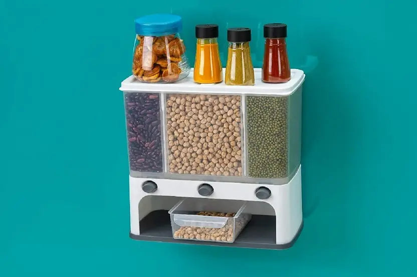 3-in-1 Cereal Dispenser with Push Button | Easy-Flow Wall Mountable Dry Food Storage
